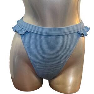 Ris-K High Cut Horizon Bikini Swimsuit Bottoms Sz M Blue Waffle Knit Ruffle NEW